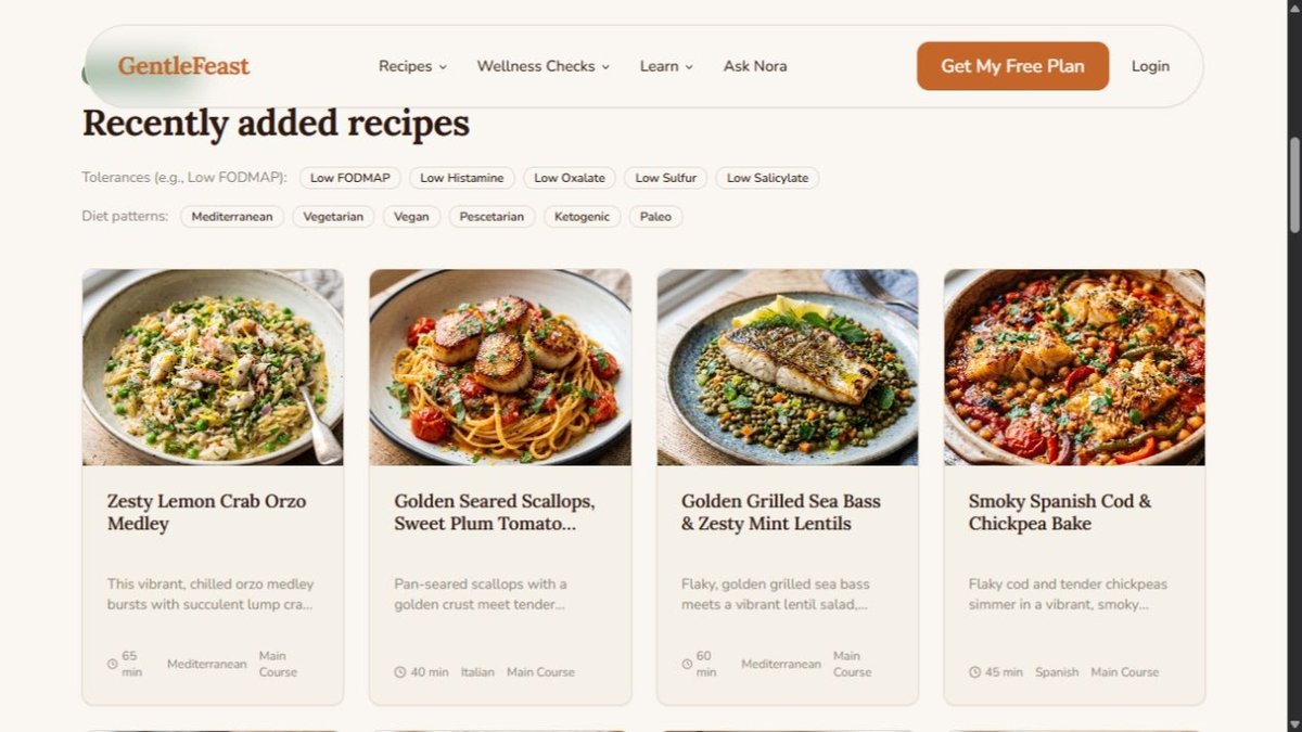 GentleFeast offers recipe browsing by diet and food-tolerance topic